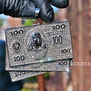 Stainless Steel Lab Diamond 100 Dollar Bil Pendant